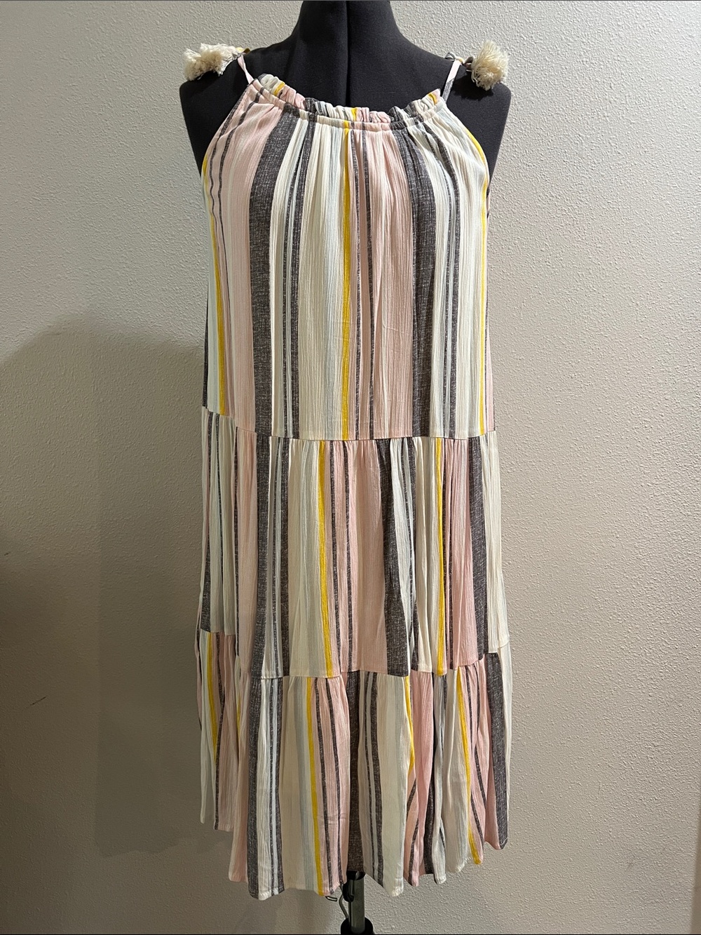 art class Multi-Stripe Tiered Mini Dress - Pink, Yellow, White, Gray